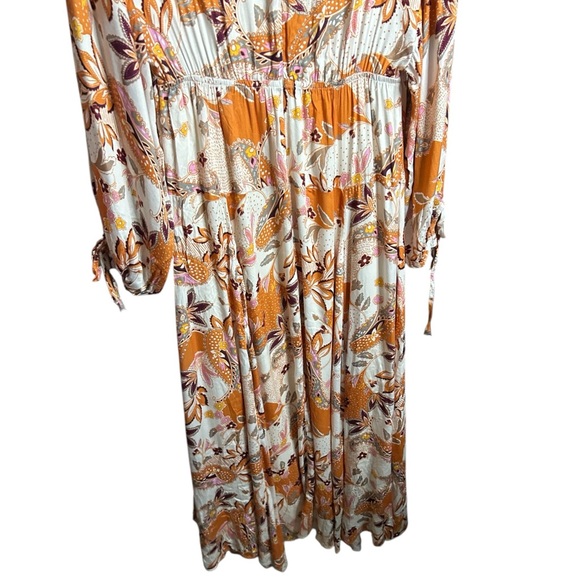 Böhme Cream Orange Floral Paisley Maxi Boho Dress Size Medium Balloon Sleeve - Picture 7 of 11